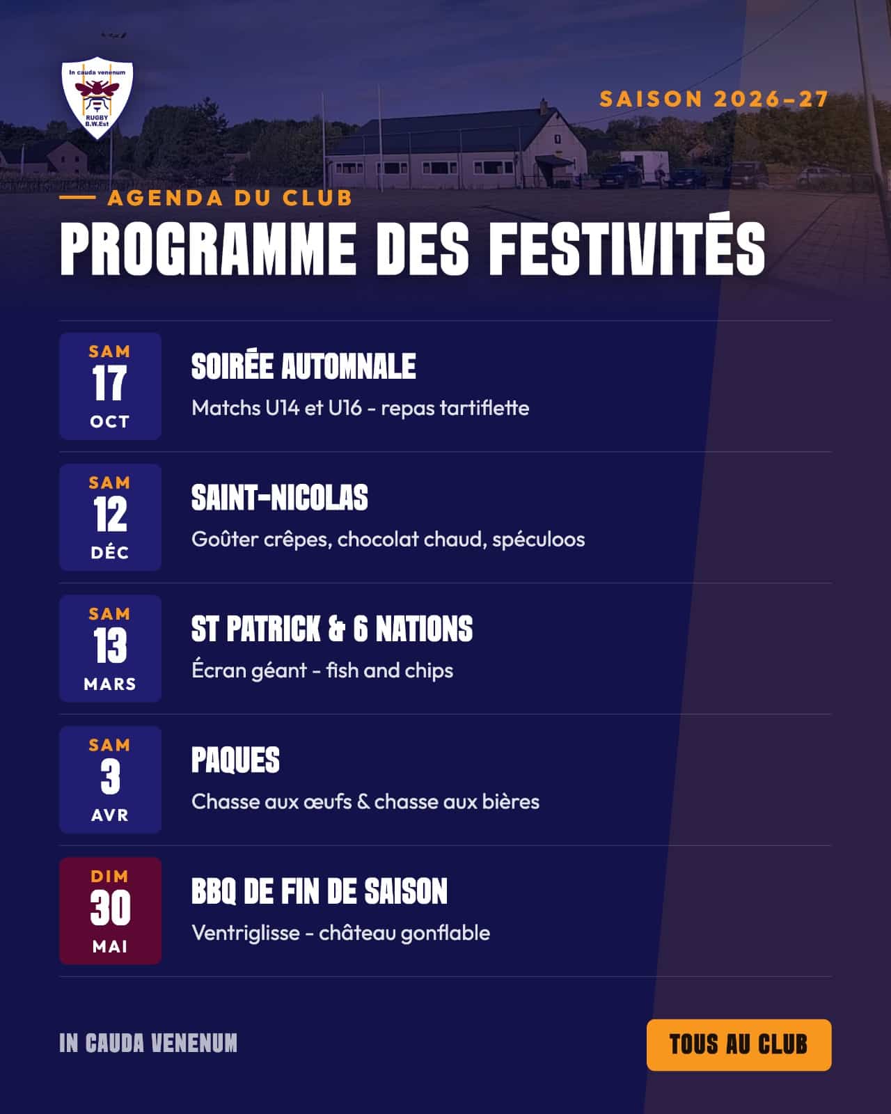 Programme des festivités Rugby BW Est saison 2026-2027